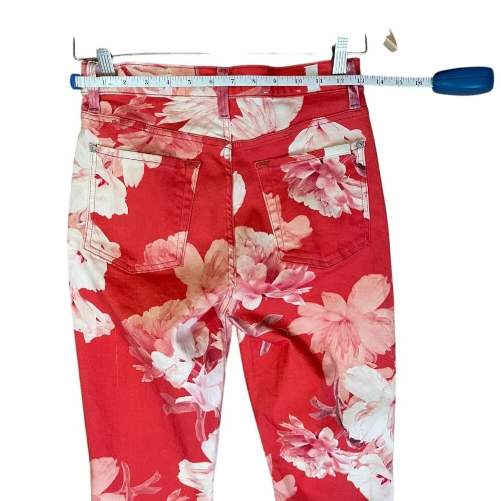 7 For All Mankind High Waist Ankle‎ Skinny Floral Jeans Red Pink Sz 27 Statement